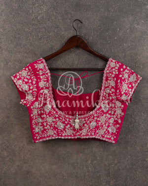 Hot Pink heavy embroidered Silver zardosi work blouse