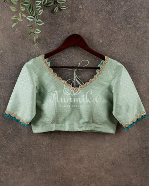 Light Aqua Blue/green Green Banarasi Brocade Blouse with zardosi scallop work