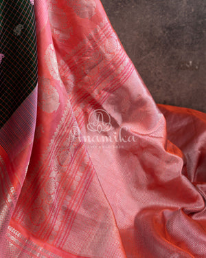 Dark Bottle Green Gadwal pattu saree with contrast peach pink blouse