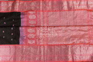 Dark Bottle Green Gadwal pattu saree with contrast peach pink blouse
