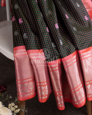 Dark Bottle Green Gadwal pattu saree with contrast peach pink blouse
