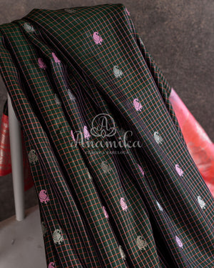 Dark Bottle Green Gadwal pattu saree with contrast peach pink blouse