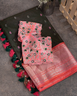 Dark Bottle Green Gadwal pattu saree with contrast peach pink blouse