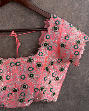 Dark Bottle Green Gadwal pattu saree with contrast peach pink blouse
