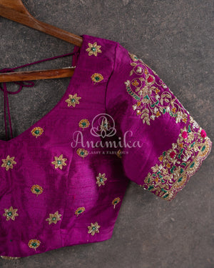 Hot Pink Banarasi Silk Saree and Purple Blouse Set