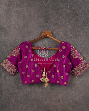 Hot Pink Banarasi Silk Saree and Purple Blouse Set