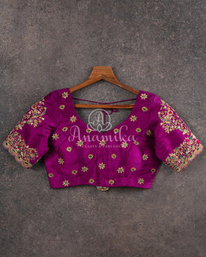 Hot Pink Banarasi Silk Saree and Purple Blouse Set