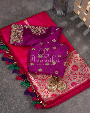 Hot Pink Banarasi Silk Saree and Purple Blouse Set