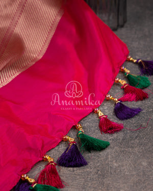 Hot Pink Banarasi Silk Saree and Purple Blouse Set