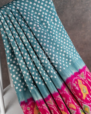 Dark Grey Pure Silk Bandini saree with handwoven patola border and pallu