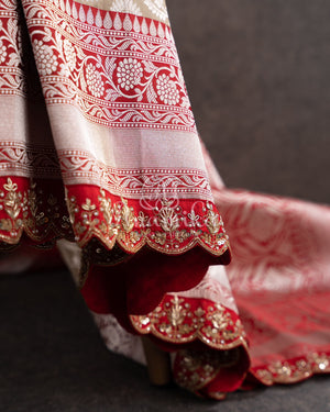 Stunning cream Banarasi Saree with red maggam work border