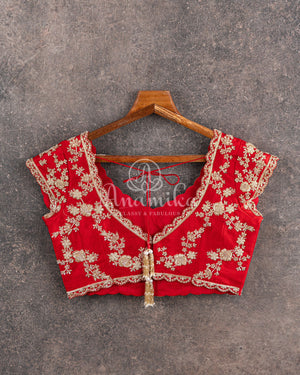 Stunning cream Banarasi Saree with red maggam work border