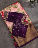 Pink Floral Kanjeevaram pattu Saree w/ a contrast Purple Blouse
