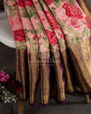 Pink Floral Kanjeevaram pattu Saree w/ a contrast Purple Blouse