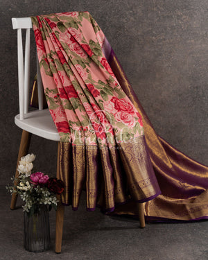 Pink Floral Kanjeevaram pattu Saree w/ a contrast Purple Blouse