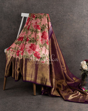 Pink Floral Kanjeevaram pattu Saree w/ a contrast Purple Blouse