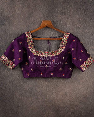 Pink Floral Kanjeevaram pattu Saree w/ a contrast Purple Blouse