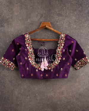 Pink Floral Kanjeevaram pattu Saree w/ a contrast Purple Blouse