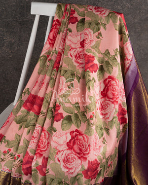 Pink Floral Kanjeevaram pattu Saree w/ a contrast Purple Blouse