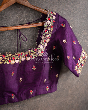 Pink Floral Kanjeevaram pattu Saree w/ a contrast Purple Blouse