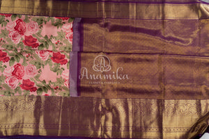 Pink Floral Kanjeevaram pattu Saree w/ a contrast Purple Blouse
