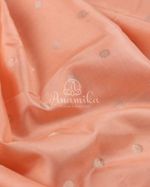 Pastel peach Pink Gadwal saree with a contrast pastel green border and blouse