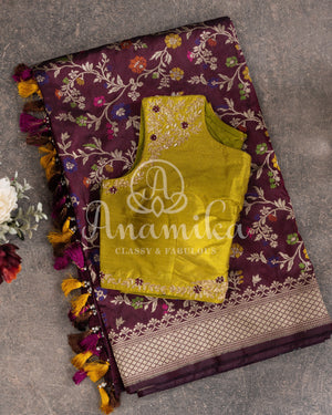 Brown Banarasi Silk Saree with all over floral jaal and meenakari weaving