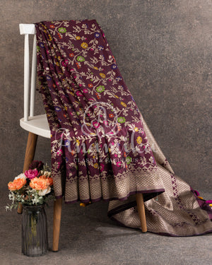 Brown Banarasi Silk Saree with all over floral jaal and meenakari weaving