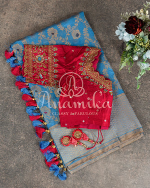 Teal Blue Chanderi Saree with contrast red pure silk blouse