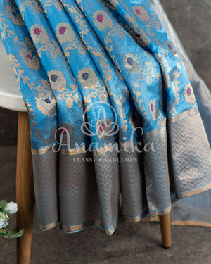 Teal Blue Chanderi Saree with contrast red pure silk blouse