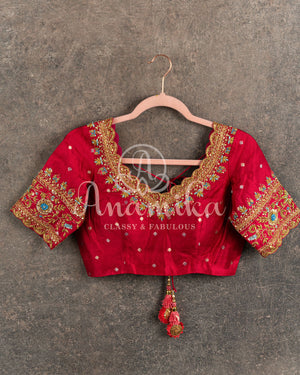 Teal Blue Chanderi Saree with contrast red pure silk blouse