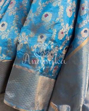 Teal Blue Chanderi Saree with contrast red pure silk blouse