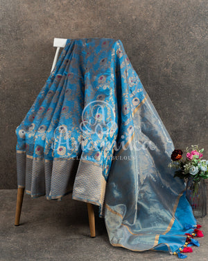 Teal Blue Chanderi Saree with contrast red pure silk blouse