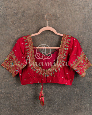 Teal Blue Chanderi Saree with contrast red pure silk blouse