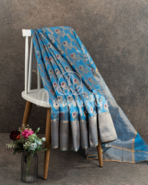 Teal Blue Chanderi Saree with contrast red pure silk blouse