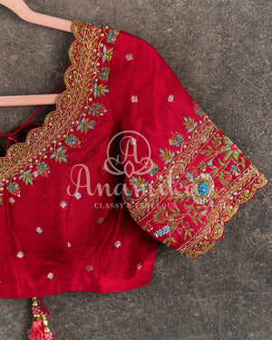 Teal Blue Chanderi Saree with contrast red pure silk blouse