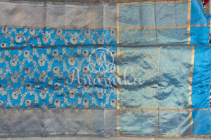 Teal Blue Chanderi Saree with contrast red pure silk blouse