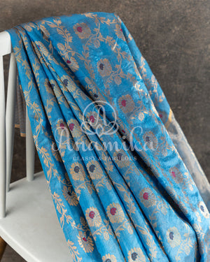 Teal Blue Chanderi Saree with contrast red pure silk blouse