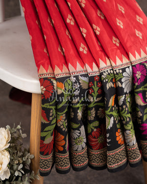 Red Banarasi Silk Saree with contrast black floral weave border