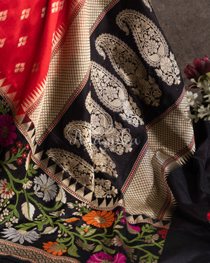 Red Banarasi Silk Saree with contrast black floral weave border