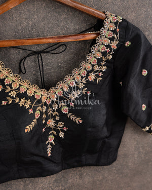 Red Banarasi Silk Saree with contrast black floral weave border