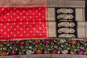 Red Banarasi Silk Saree with contrast black floral weave border