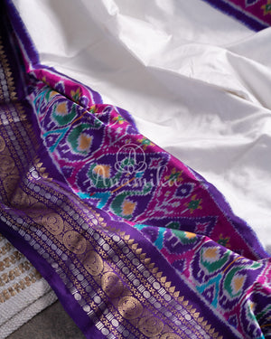White & Purple Twill Silk Saree with patola and kanchi border