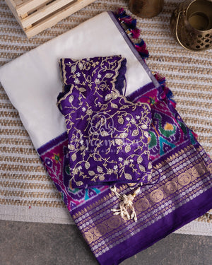 White & Purple Twill Silk Saree with patola and kanchi border