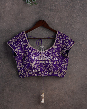 White & Purple Twill Silk Saree with patola and kanchi border