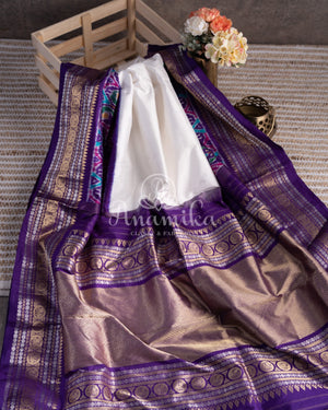 White & Purple Twill Silk Saree with patola and kanchi border