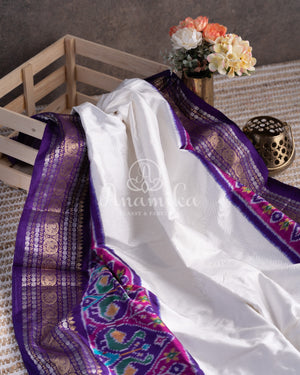 White & Purple Twill Silk Saree with patola and kanchi border