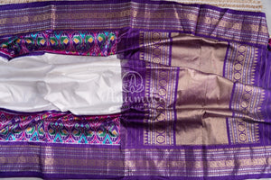 White & Purple Twill Silk Saree with patola and kanchi border