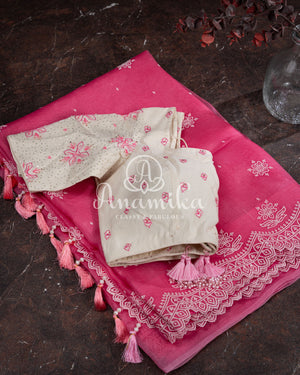 Candy Pink Organza saree with a gorgeous scallop work border