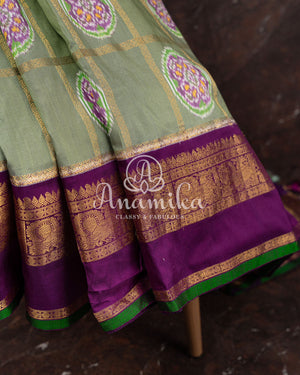 Pista Green Twill Kanchi saree with zari checks weaving
